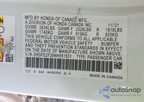 2022 Honda Civic Lx from USA, damaged, VIN 2HGFE2F26NH551831